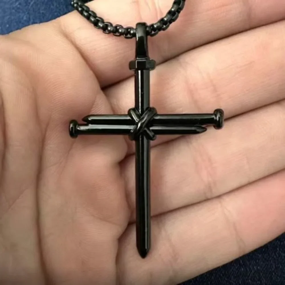 Cross 3 Nail Necklace Statement Piece Pendant Chain and Gift Pouch Black